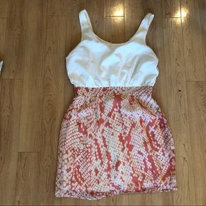 Patterned cream and orange two-tone dress
